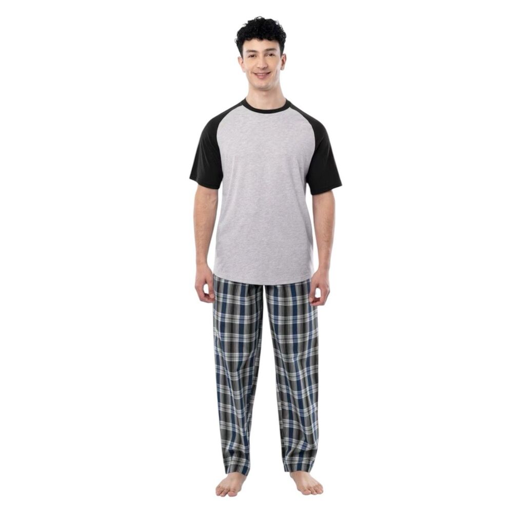 Fruit of the Loom Men's Raglan Short Sleeve T-shirt Plaid Pajama Sleep Pant Set